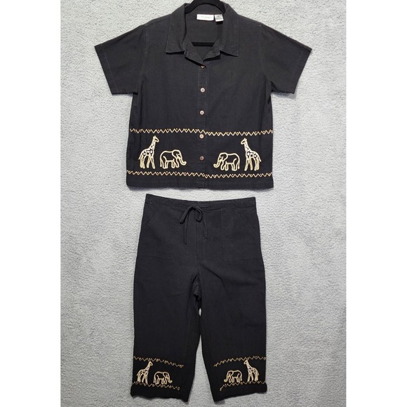 Allyson Whitmore Pants - Allison Whitmore‎ Blouse Capri Set Size PXL Safari Black Animal Petite